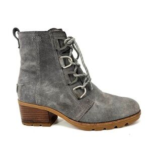 Sorel Women's 8.5 Gray Suede Waterproof Cate Block Heel Lace Ankle Boots
